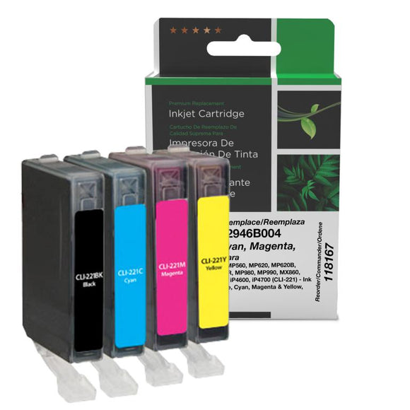 Black, Cyan, Magenta, Yellow Ink Cartridges for Canon CLI-221 (2946B004) 4-Pack