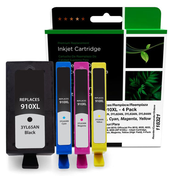High Yield Black, Cyan, Magenta, Yellow Ink Cartridges for HP 910XL 4-Pack