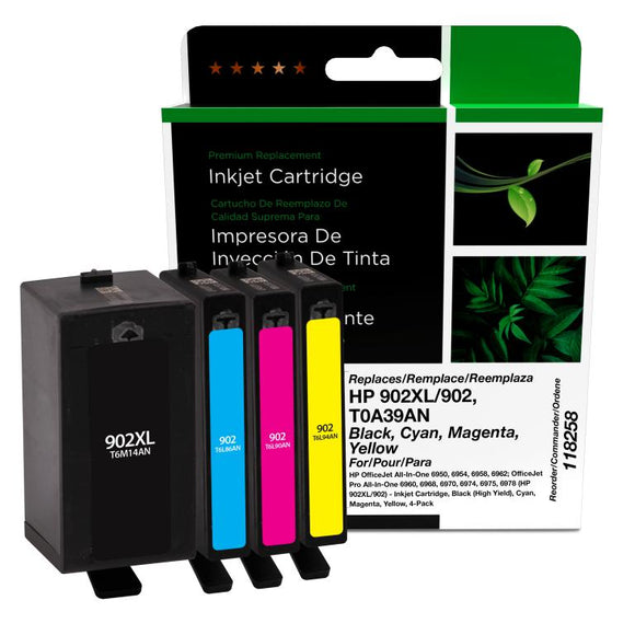 Black High Yield, Cyan, Magenta, Yellow Ink Cartridges for HP 902XL/902 (T0A39AN) 4-Pack